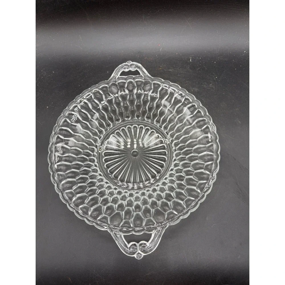 Vintage Clear Pressed Glass Honeycomb Bowl Scalloped Edge Double Handle 11 inch